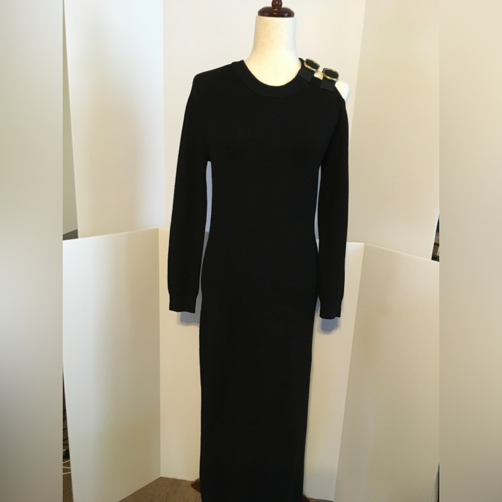 Donna Karan Black One-Shoulder Long Sleeve Knit Midi Dress - Picture 2 of 6